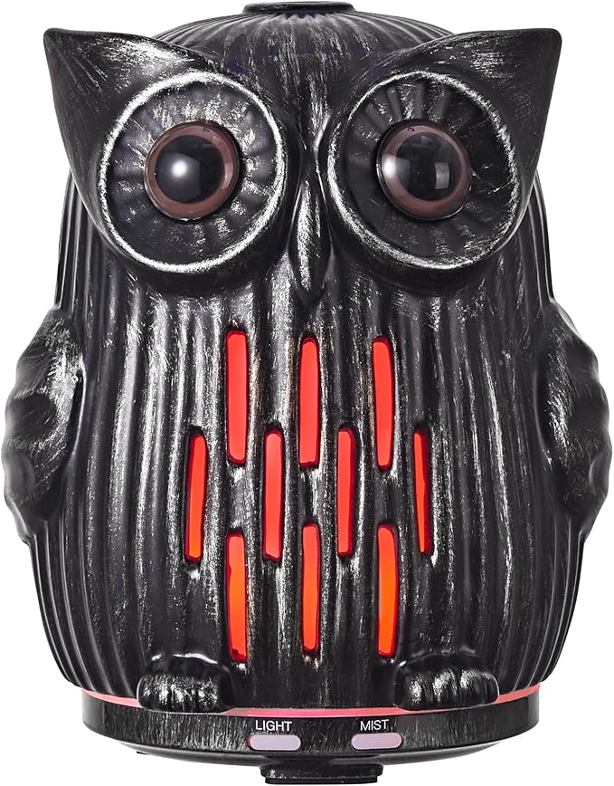 ALIEYE Owl Essential Oils Diffuser Upgraded Design Ceramic Hand-Painted 200ML Quiet Cool Mist Humidifier with Waterless Shut-Off 7 Colors LED Lights & 2 Mist Modes for Bedroom Home Office, Silver