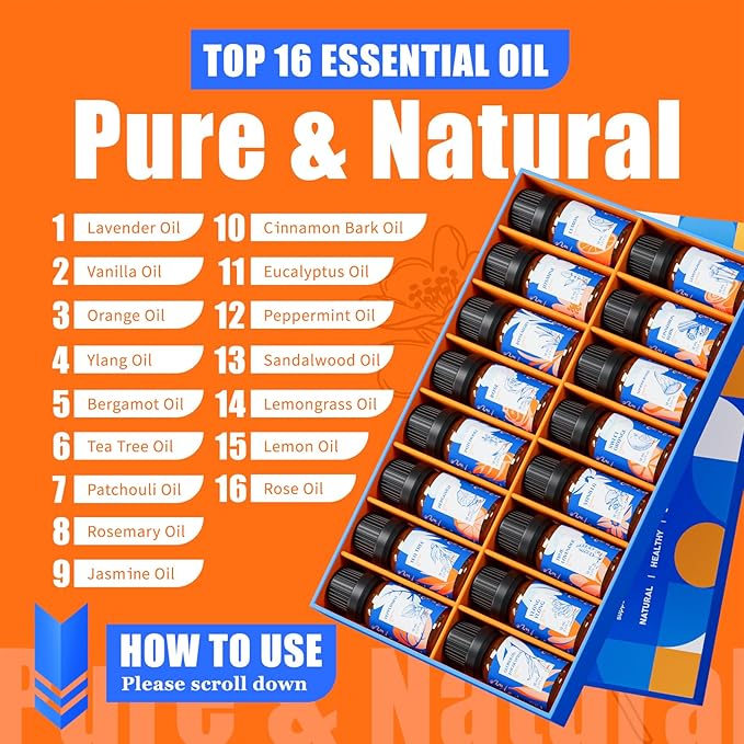 HIQILI Essential Oils Set,Top 16 Aromatherapy Oils for Diffusers for Home,Plant Therapy,Candle Making,Laundry Fragrance,Humidifiers,Skin Care