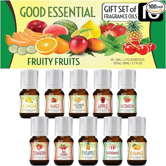 Good Essential Fruity Fruits Fragrance Oil Set Pack of 10 - 5ml Set - Strawberry, Apple, Watermelon, Pineapple, Cucumber Melon, Red Cherry, Mango, Peppermint, Lemon, & Orange - Candle Fragrance Oil
