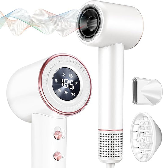Rudd Hair Dryer with Diffuser, High Speed Hair Dryer with Display, Fast Drying Blow Dryer with 160000 RPM Brushless Motor, 500 Million Negative Inoic, Low Noise, White