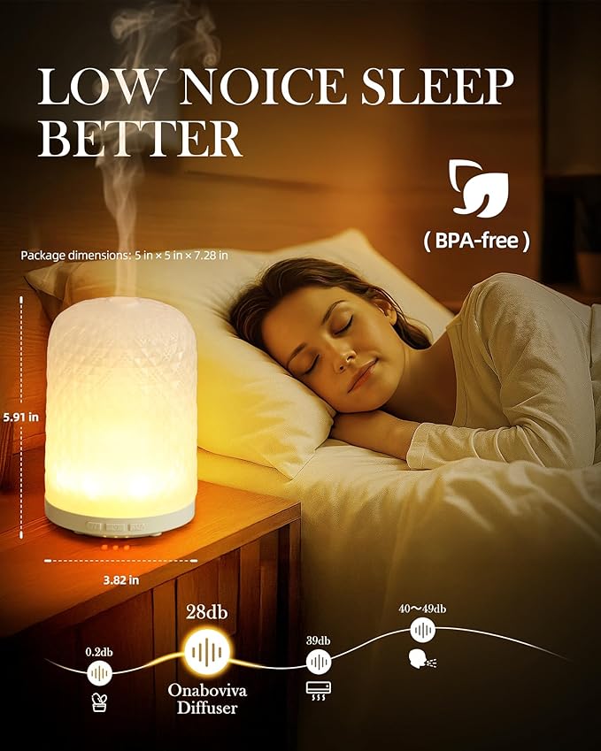 Onaboviva Essential Oil Diffuser - 2.4MHz Ultrasonic Glass Diffuser for Home, 120ml, Pulse&Continuous Mist, Bright/Dim/Breathing Lighting, Waterless Auto-Off, Aromatherapy Diffuser with USB Cable