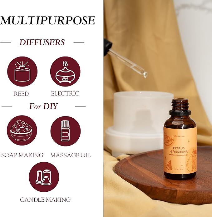 Folkulture Citrus & Verbena Essential Oil Blend | 30 ml - 1.01 Fl Oz Fragrance Oil with Dropper | Premium Diffuser Oils for Humidifier, Diffuser for Fresh & Uplifting, Revive, Relaxation