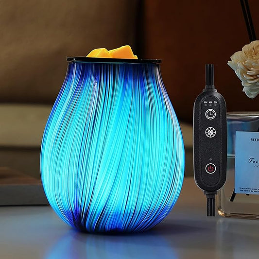 Inrorans Glass Electric Wax Melt Warmer Oil Burner with Stable Heating PTC Reusable Silicone Tray 7 Colorful Changing Led Light Night Light Scent Warmer for Home Fragrance Warmers-Blue Silk Timer
