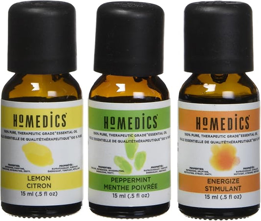 Homedics Essential Oil Set, Uplift and Energize with Lemon Citrol, Peppermint Menthe Poivree, and Energize Stimulant. 3-Pack Essential Oil Kit for Diffusers, 15ml Each