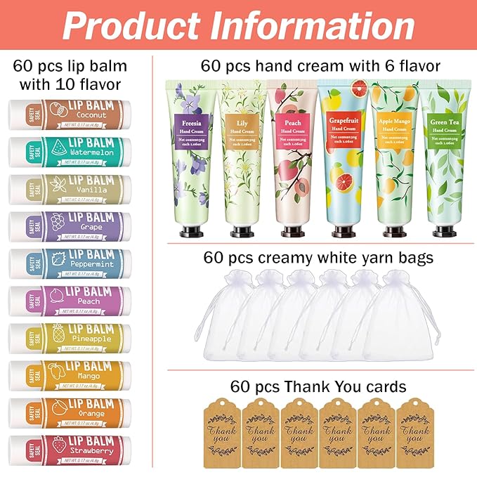 AZEN 60 Sets Bulk Gifts, Hand Cream and Lip Balm Bulk Set with Organza Bag Thank You Card, Baby Shower Wedding Gift for Guests, Bridal Wedding Favors for Guests, Mothers Day Gifts Stocking Stuffers