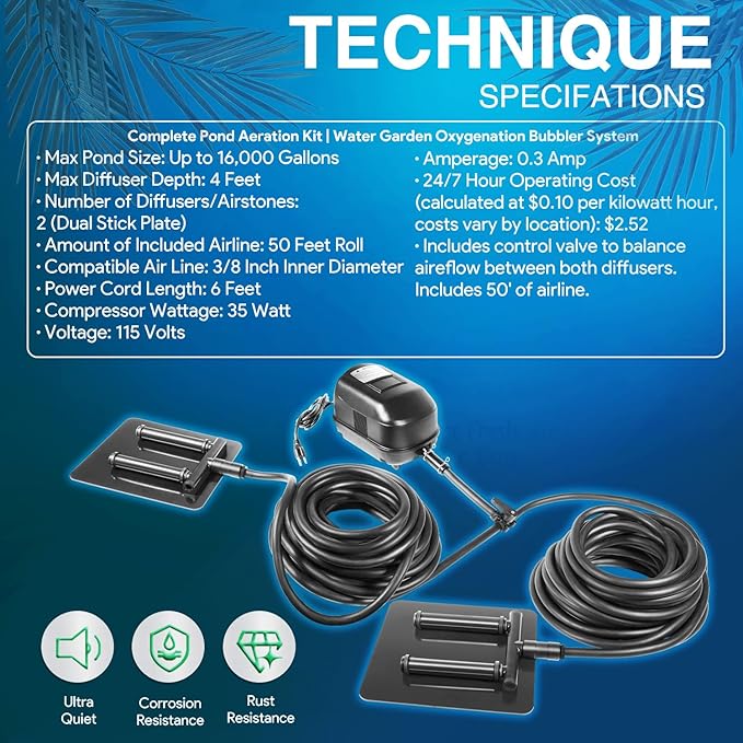 Complete Pond Aeration Kit, Water Garden Oxygenation Bubbler System Adds Oxygen to Koi & Fish Ponds, Outdoor Diaphragm Compressor Pump, Air Line & 2 Submersible Diffuser Sticks