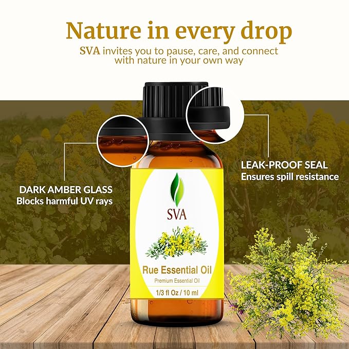 SVA Rue Essential Oil – 1/3 Fl Oz – 100% Natural Rue Oil - for Diffuser, Hair Care, Face, Skin Care, Aromatherapy, Scalp and Body Massage, Soap and Candle Making