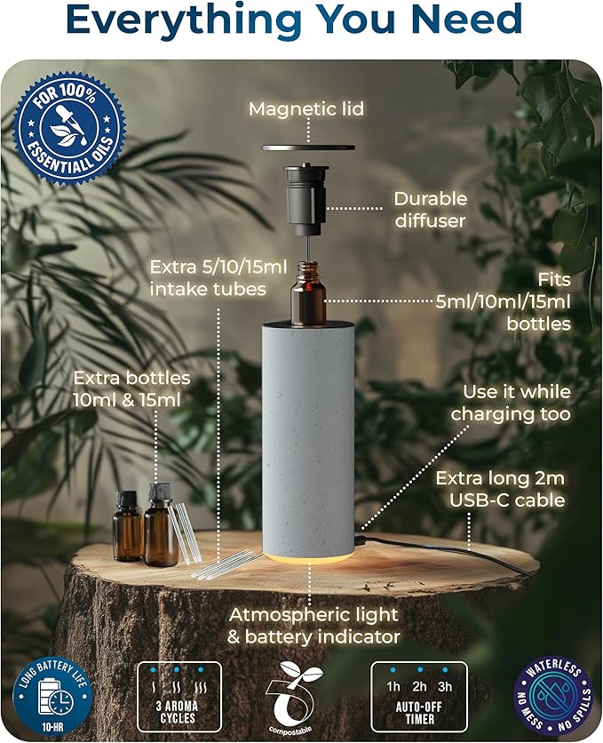 Cooper Bliss Waterless Diffuser for Essential Oils, Pure Aroma Zero Water, Cordless 10-hr Battery Operated Oil Diffuser Machine, Adjustable Scent & Timer, Ambient Light, 100% Bio-Fiber Wood (White)