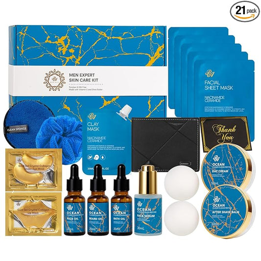 21 Pcs Men Facial Skin Care Set, Father's Day Gifts, Bath & Beard Gift Set for Men, Home Spa & Self-Care Gift Basket Set, Clay Mask, Birthday, Christmas, Valentines, Boyfriend, Anniversary, Dad