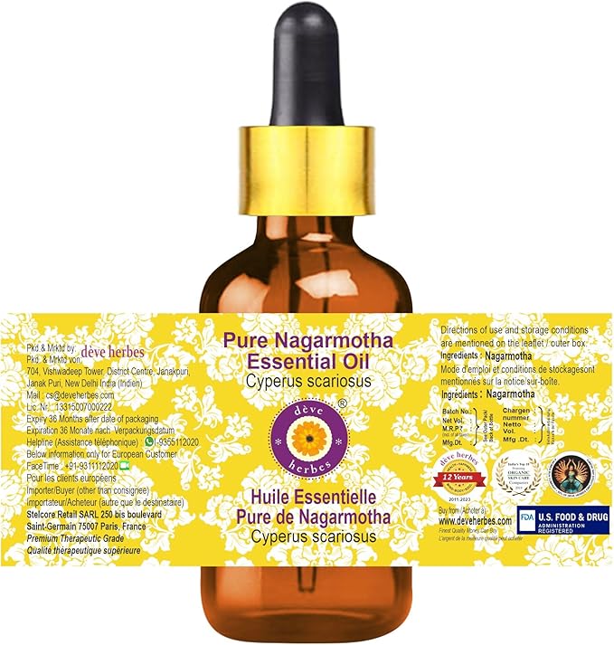 Deve Herbes Pure Nagarmotha Essential Oil (Cyperus scariosus) with Glass Dropper Steam Distilled 50ml (1.69 oz)