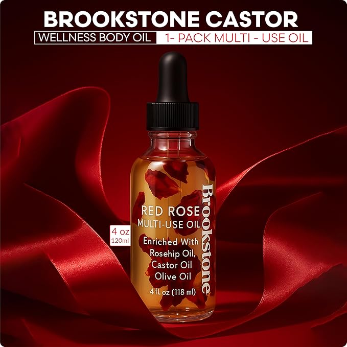Brookstone Red Rose Multi-Use Essential Oil for Hair, Face & Body - Deep Floral Rose Aroma, Enriched with Rosehip, Castor & Olive Oils (4 fl oz / 118 mL)