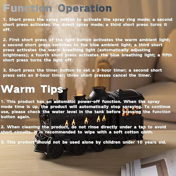 300ML Vintage Train Diffuser, Cool Mist Humidifier with Dual Modes, LED Light, Auto Shut-Off for Bedroom Office (White, with Remote Control)