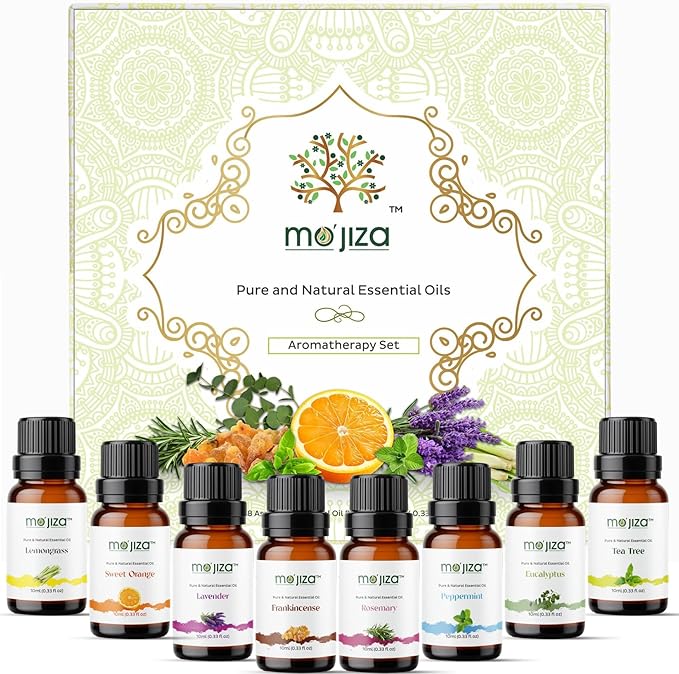 MO'JIZA Pure Aromatherapy Essential Oils Gift Set, 8 Oils-Lavender, Tea Tree, Peppermint, Frankincense, Rosemary, Sweet Orange, Lemongrass, Eucalyptus, 10ml Each Certified Kosher, Vegan & Cruelty Free