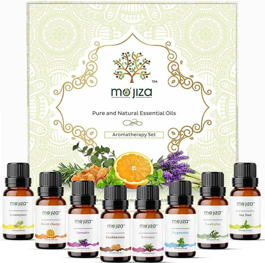 MO'JIZA Pure Aromatherapy Essential Oils Gift Set, 8 Oils-Lavender, Tea Tree, Peppermint, Frankincense, Rosemary, Sweet Orange, Lemongrass, Eucalyptus, 10ml Each Certified Kosher, Vegan & Cruelty Free