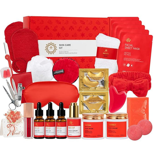 Mother's Day Gifts, Red Rose 32 Pcs Facial Skin Care Set, Bath and Body Gifts Basket for Women, Spa Set & Self-Care Kit, Face Sheet Mask, Serum, Present, Birthday, Christmas, Anniversary, Wife, Mom