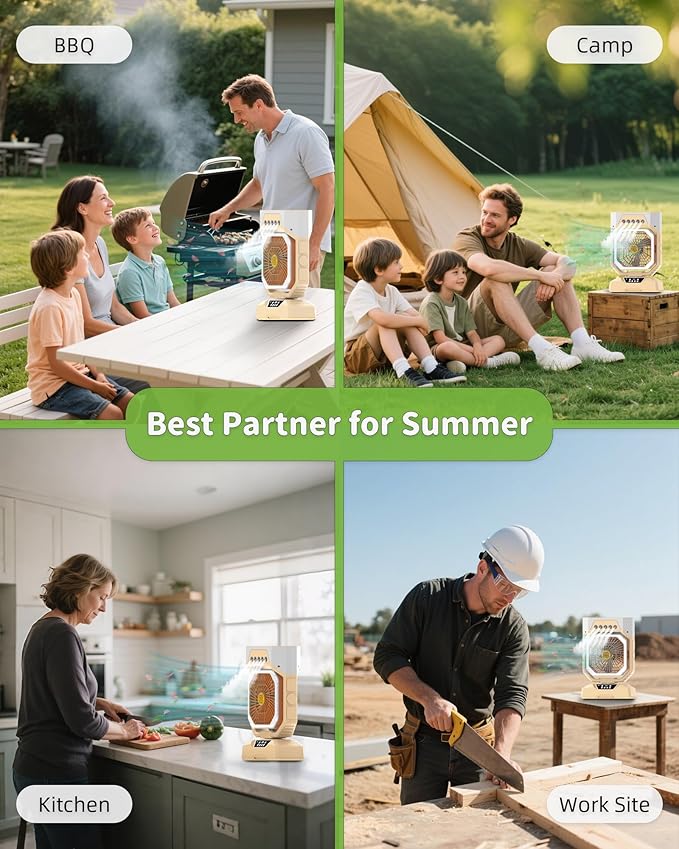Weljoy Desk Fan 5 Sprayers Rechargeable Misting Fan for Camping & Home – 6 Speed Portable Cooling Fan with Mist 560ml Water Tank Aromatherapy Diffuser Timer 27000mAh Fast-Charging Battery(Biege)
