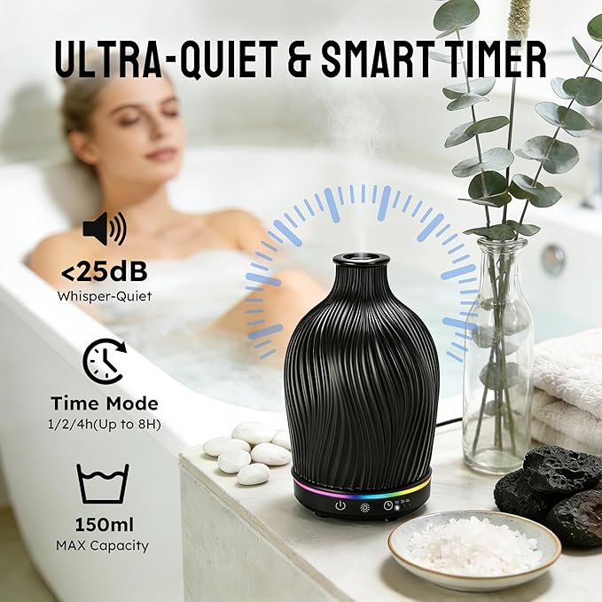 Essential Oil Diffuser 150ml,Resin Diffuser Ultrasonic Aromatherapy Humidifier with 1/2/4H Timer, 7 Color Lights, Auto Shut-Off, Whisper-Quiet for Home Bedroom Office (Black)