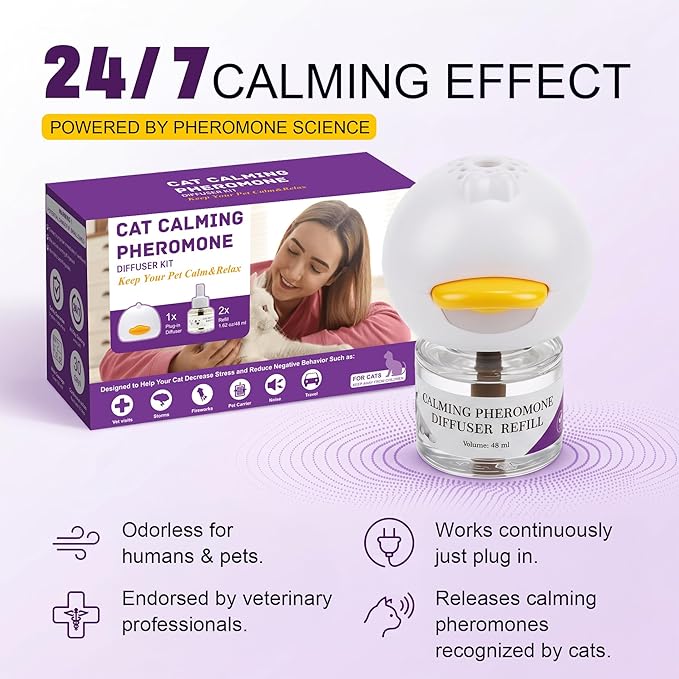 Cat Calming Diffuser，Helps Reduce Fighting, Tension & Aggression Between Cats，Cat Pheromones Calming Diffuser for Stress-2 Diffusers & 4 Refills