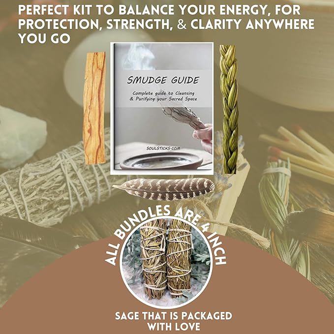 Ancient VEDA Organic Smudge Kit –Rosemary, Palo Santo, Sweetgrass Braid, Feather & Smudge Guide | Home Cleansing Kit for Meditation, Yoga, Energy Healing & Gift (Starter Kit, Rosemary Sage)