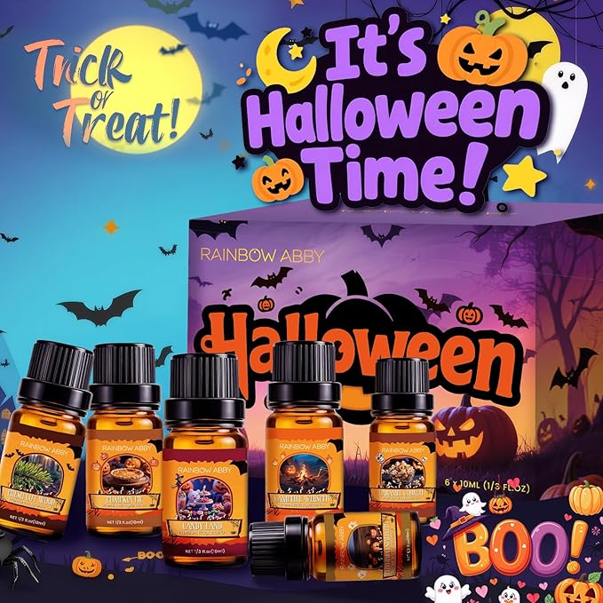 RAINBOW ABBY Fragrance Oil Halloween Set- Fresh Cut Wood, Pumpkin Pie, Campfire Whisper, Candy Land, Peppermint Starlight, and Caramel Crunch Candle Freshie Scents for Candle & Soap Making, 6x10ml