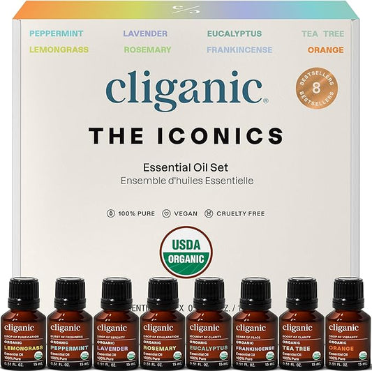 Cliganic Organic Aromatherapy Essential Oils Gift Set (Top 8), 100% Pure - Peppermint, Lavender, Eucalyptus, Tea Tree, Lemongrass, Rosemary, Frankincense & Orange