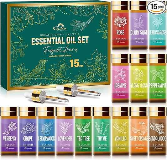 Essential Oil Set, 15 Pcs Fragrance Aromatherapy Oils for Skin, Diffusers, Home Care, Humidifier Laundry, Candle Making - Tea Tree, Sandalwood, Lavender, Vanilla, Peppermint and More(5mL)