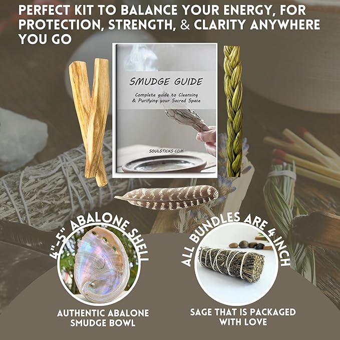 Ancient VEDA Organic Smudge Kit – Lavender, Palo Santo, Sweetgrass, Abalone Shell, Feather & Smudge Guide | Home Smudging Kit for Energy Cleansing, Meditation, Healing (Healer's Kit, Lavender Sage)