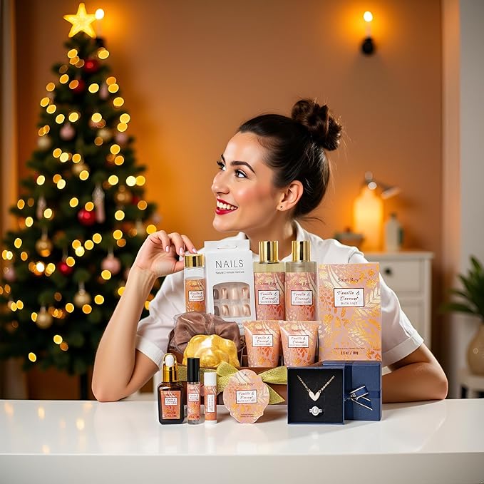 Mothers Day Gifts for Women, Skin care set Gifts, 16 Pcs Spa Gifts for Woman Coconut Vanilla Scents Skin Care Kit, Facial Kit with Face Day Cream, Night Cream, Skincare Set in Makeup Storage Box