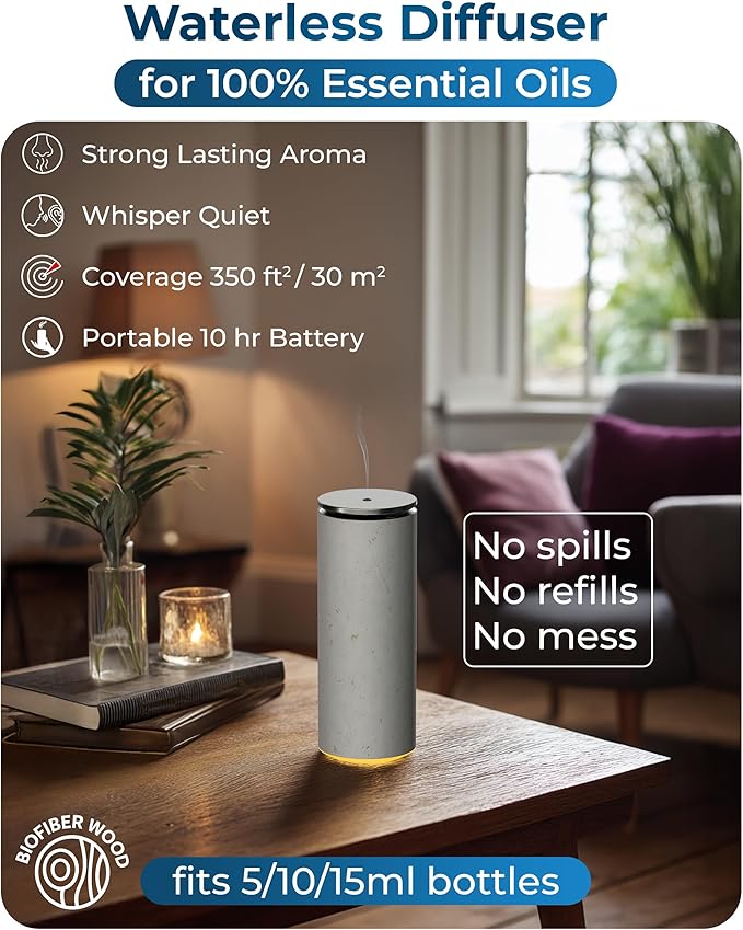 Cooper Bliss Waterless Diffuser for Essential Oils, Pure Aroma Zero Water, Cordless 10-hr Battery Operated Oil Diffuser Machine, Adjustable Scent & Timer, Ambient Light, 100% Bio-Fiber Wood (White)