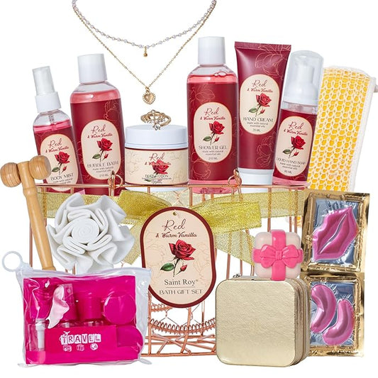 Mothers Day Gifts for Women, 23Pcs Bath and Body Gift for Women, Vanilla Rose Spa Gift Basket, Bath Gift, Spa Gift Kit, Home Spa Self Care, Necklace, Birthday, Christmas, Bridal Shower, Anniversary