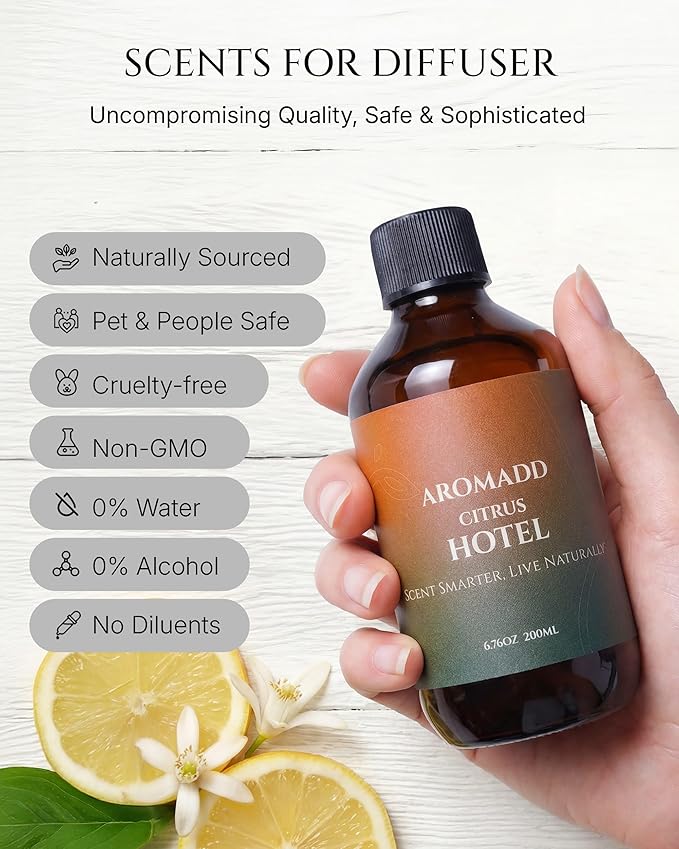 Aromadd Citrus Hotel Diffuser Oil Inspired by Luxury Hotel Scent, Essential Oils for Waterless Diffuser, Luxury Lemon & Bergamot, Long-Lasting & Natural Home Fragrance - 6.76 fl oz (200 mL)