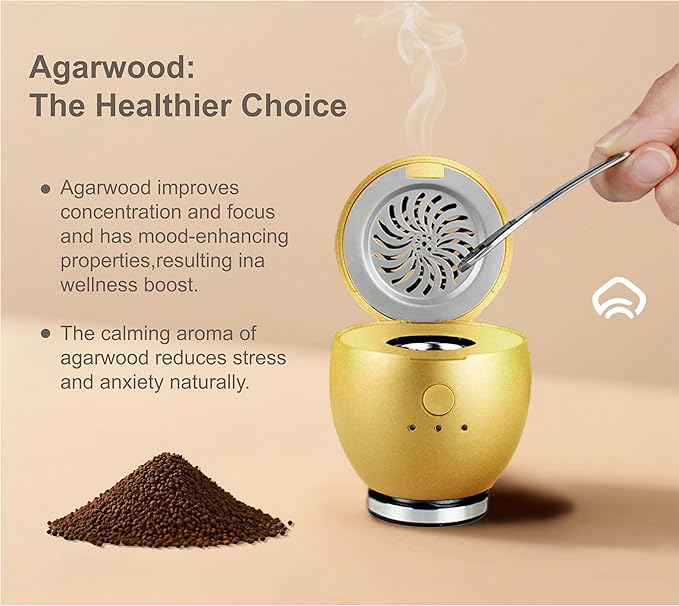 Orbby Scent Diffuser Starter Kit | Portable Small Desk Diffuser for Office: Electric Incense Device, Cordless Pet Safe Air Freshener for Home – Flameless (Gold with 1g Agarwood Pellets)