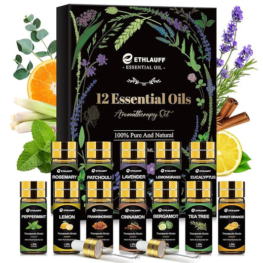 Essential Oils Set, 12 pcs Pure Essential Oil for Diffuser, Humidifiers, Skin Care, Massage, Fragrance Oil Scent for DIY Candle and Soap Making, Gift for Friend