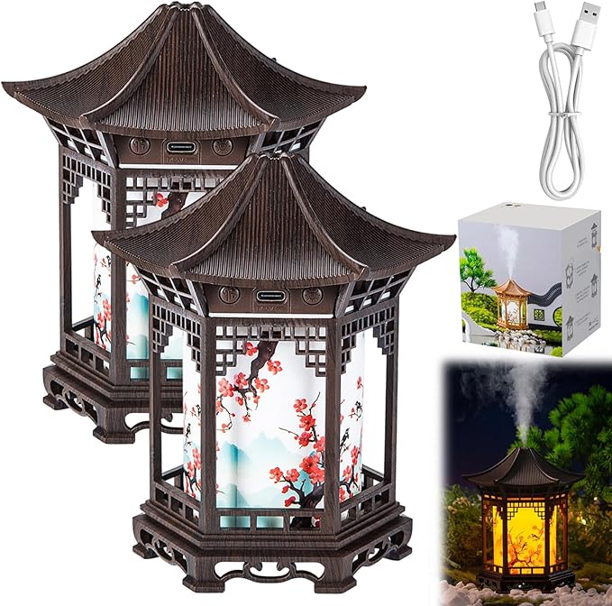 Zen Pavilion Lantern Aroma Diffuser & Night Light, 160ml Essential Oil Diffuser with 2 Mist Modes, USB Direct Charging Japanese Style Zen Garden Humidifier for Meditation, Yoga and Sleep (2pcs Black)