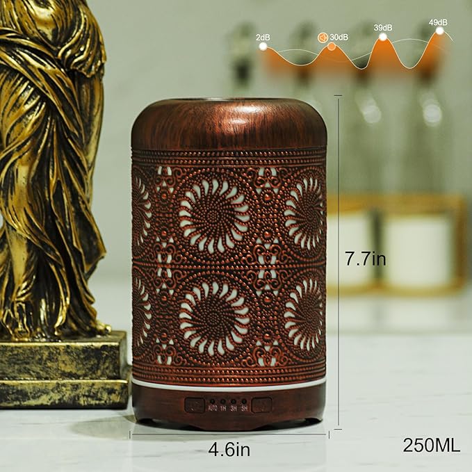 250ML Essential Oil Aromatherapy Diffuser for Home Bedroom Office Metal Hollow Decorative Room Ultrasonic Air Scent Mist Aroma Diffuser -Red Copper