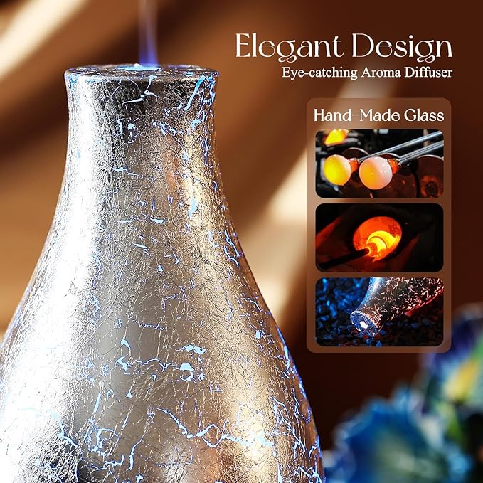 Porseme 100ml Silver-Plated Volcano Essential Oil Diffuser 3D Glass - Elegant and Effective Aromatherapy with 7 Color Changing LEDs and Waterless Auto-Off BPA Free for Home Yoga Leisure SPA Gift