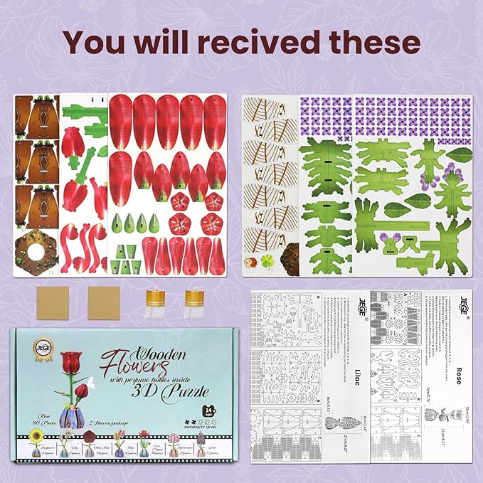 Jege 3D Flower Wooden Puzzles for Adults, DIY Building Set with 2 Flowers, 2 Perfume Bottles & Diffuser Sticks, Creative Craft Gifts & Home Decor (Rose + Lilac)