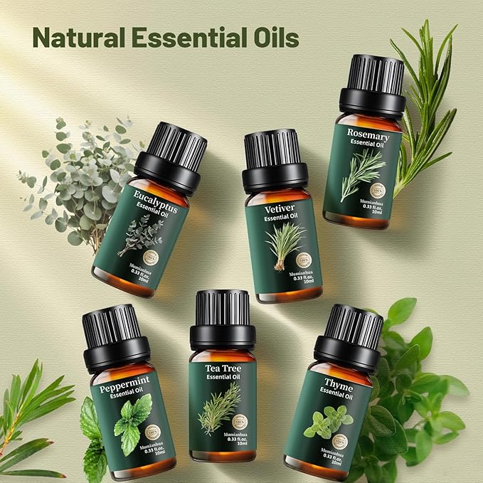 6 Pack Pure Essential Oils Set, Natural Eucalyptus, Peppermint, Tea Tree, Rosemary, Thyme, Vetiver for Aromatherapy Diffuser, Humidifier, Skin & Hair Care, Candle & Soap Making, 6x10ml Mumianhua