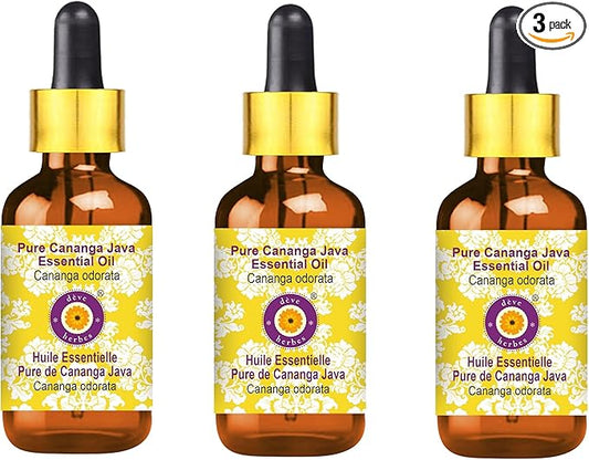 Deve Herbes Pure Cananga Java Essential Oil (Cananga odorata) with Glass Dropper Steam Distilled (Pack of Three) 100ml X 3 (10 oz)