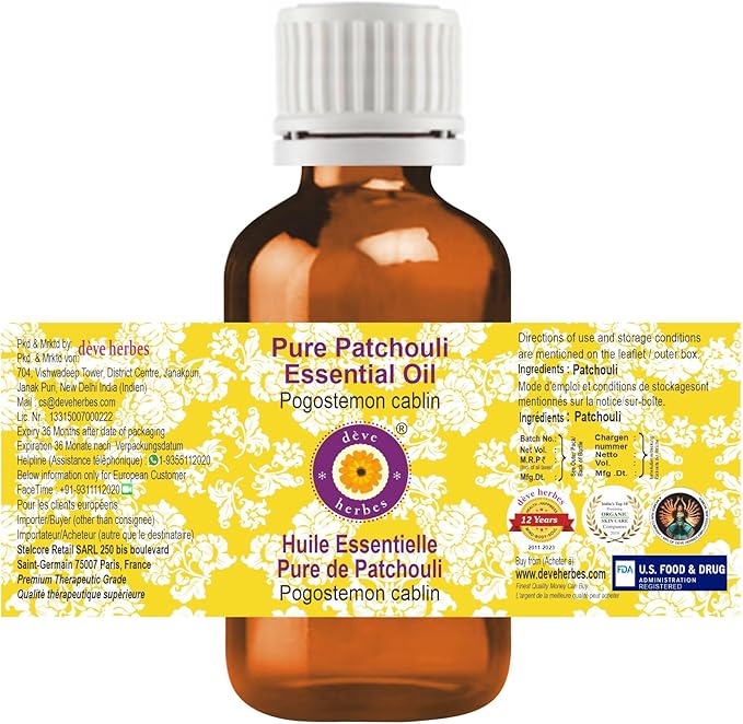 Deve Herbes Pure Patchouli Essential Oil (Pogostemon cablin) Steam Distilled 30ml (1 oz)