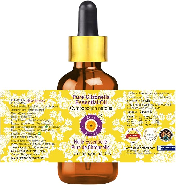Deve Herbes Pure Citronella Essential Oil (Cymbopogon nardus) with Glass Dropper Steam Distilled 30ml (1 oz)