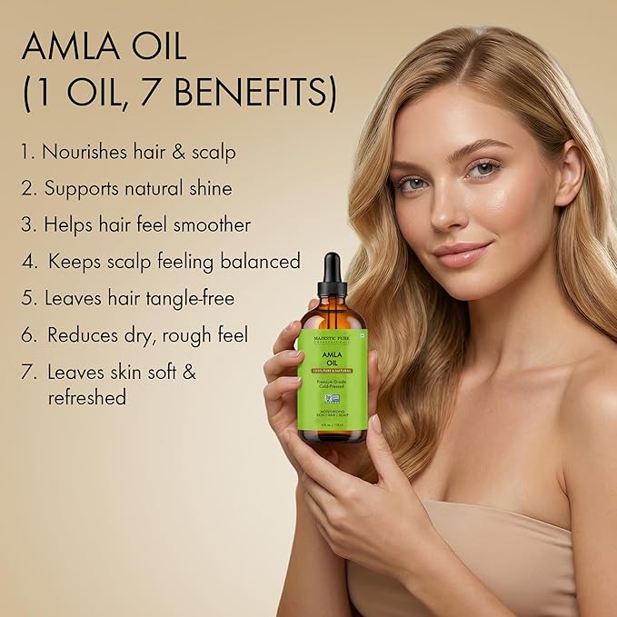 Majestic Pure Amla Oil 4oz (118ml) Premium Carrier Oil with Dropper for Hair Care, Hair Oiling, Scalp Massage, & Skin Care