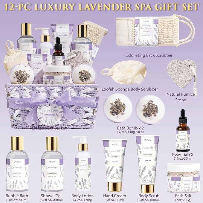 Mothers Day Birthday Gifts for Women, Lavender Relaxing Spa Gift Baskets for Women Self Care Package Bath Gift Set, Home Bath and Body Kit Pamper Gifts for Womens Her Mom Friends Wife Girlfriend Wife