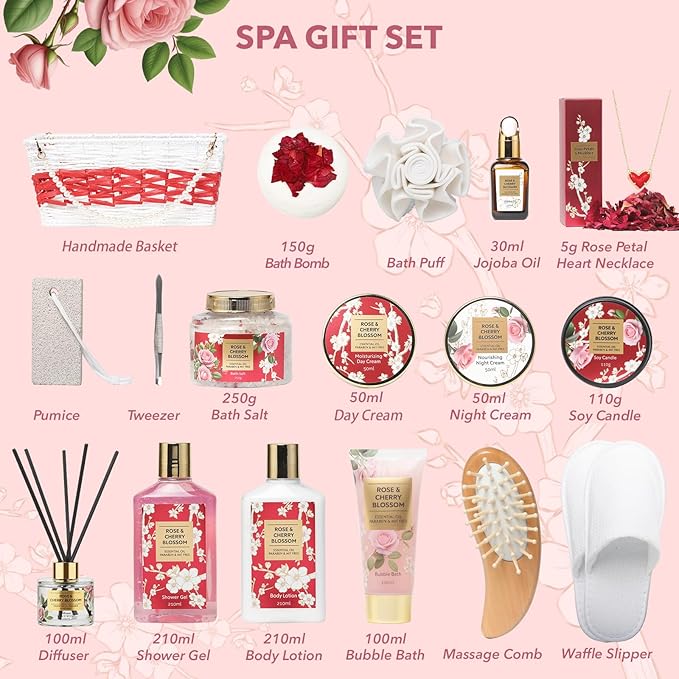 Mother‘s Day Gift Basket for Women, Gifts for Women - Rose Spa Gift Basket for Women, Bath and Body Gift Sets for Mom, Skin Care Set for Women | Spa Kit, Gifts for Christmas, Valentines Day, Birthday