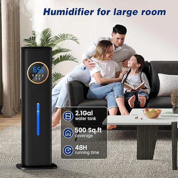 LACIDOLL Humidifiers for Bedroom 500 sq ft, 2.1Gal/8L Humidifier large room with Night Light & Essential Oil Diffuser, Top Fill Large Room Humidifiers for Home Baby Nursery Office Plants, Black