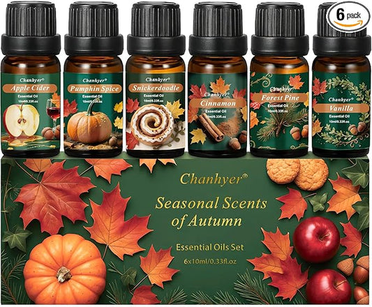 Fall Essential Oils Set 6 x 10ml-Pumpkin Spice, Apple Cider, Snickerdoodle, Vanilla, Cinnamon, Pine,Autumn Fragrance Oils for Diffuser, Home Scenting and Seasonal Gifts