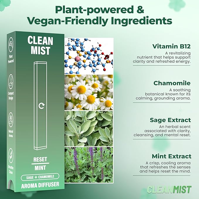 The Clean Mist Herbal Diffuser Pen | Aroma Diffuser Pen Stick | Fresh Reset with Extracts of Mint, Sage and Chamomile | Natural Plant-Based Alternative | 500 Uses Per Stick | Aroma Reset Cleanse