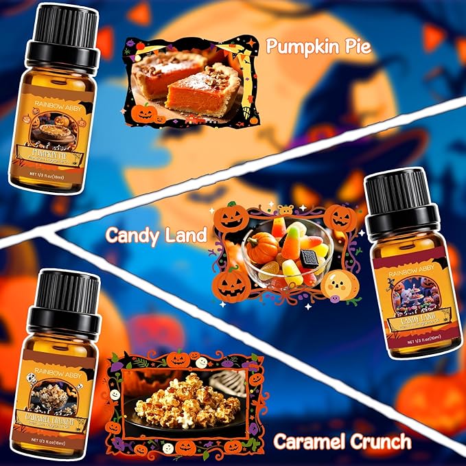 RAINBOW ABBY Fragrance Oil Halloween Set- Fresh Cut Wood, Pumpkin Pie, Campfire Whisper, Candy Land, Peppermint Starlight, and Caramel Crunch Candle Freshie Scents for Candle & Soap Making, 6x10ml