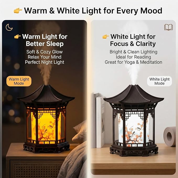 Zen Pavilion Lantern Aroma Diffuser & Night Light, 160ml Diffuser, Dual Mist Modes, Chinese Zen Garden Humidifier, Warm & White Light for Sleep, Yoga, Meditation & Spa(Dark Wood)