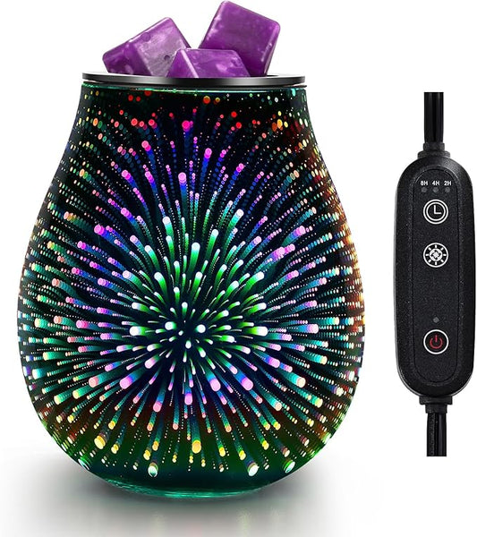 Inrorans Glass Electric Wax Melt Warmer Oil Burner with Stable Heating PTC Reusable Silicone Tray 7 Colorful Changing Led Light Night Light Scent Warmer for Home Fragrance Warmers-Fireworks Timer